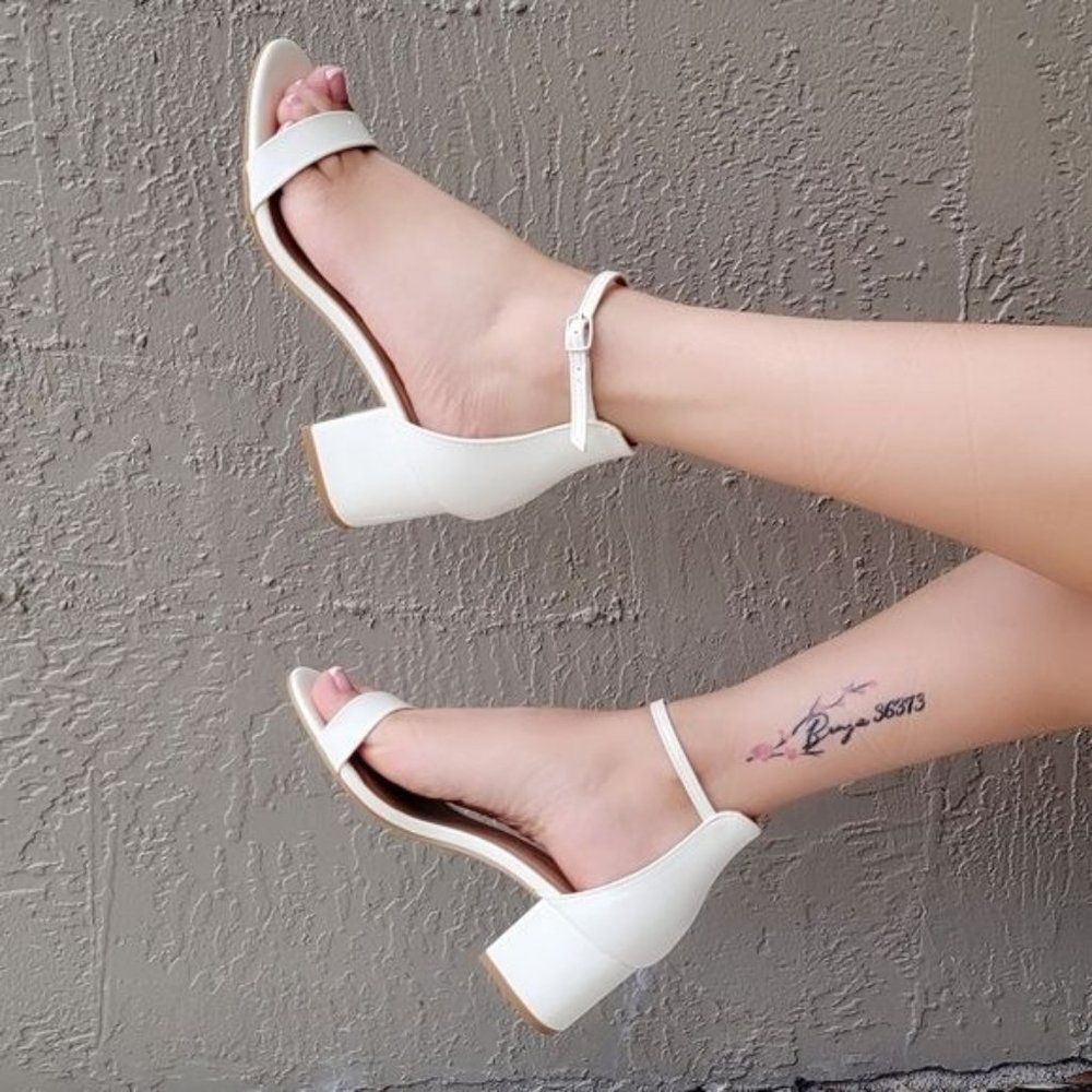 White Patent Open Toe Sandals Low Chunky Heel Adjustable Buckle Ankle Strap